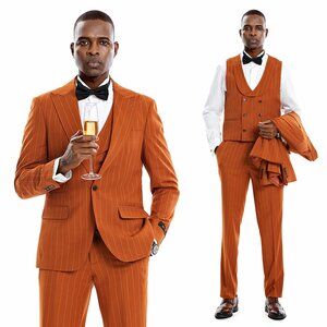 Terracotta Burnt Orange 3-Piece Pinstriped Prom Suit, By Tazio, Rustic Wedding